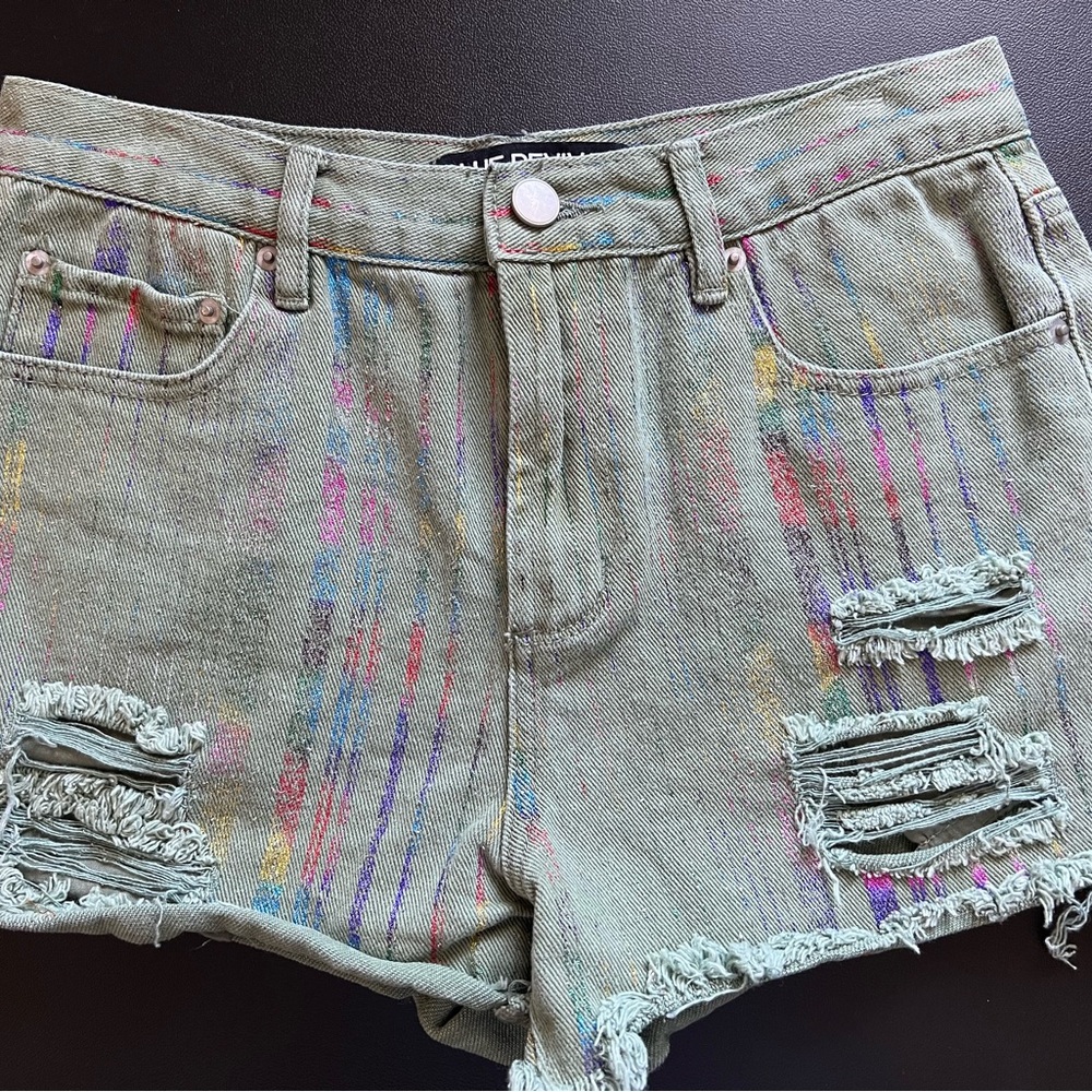 Rewash Green Denim Jean Shorts with Multicolor Paint Splatter